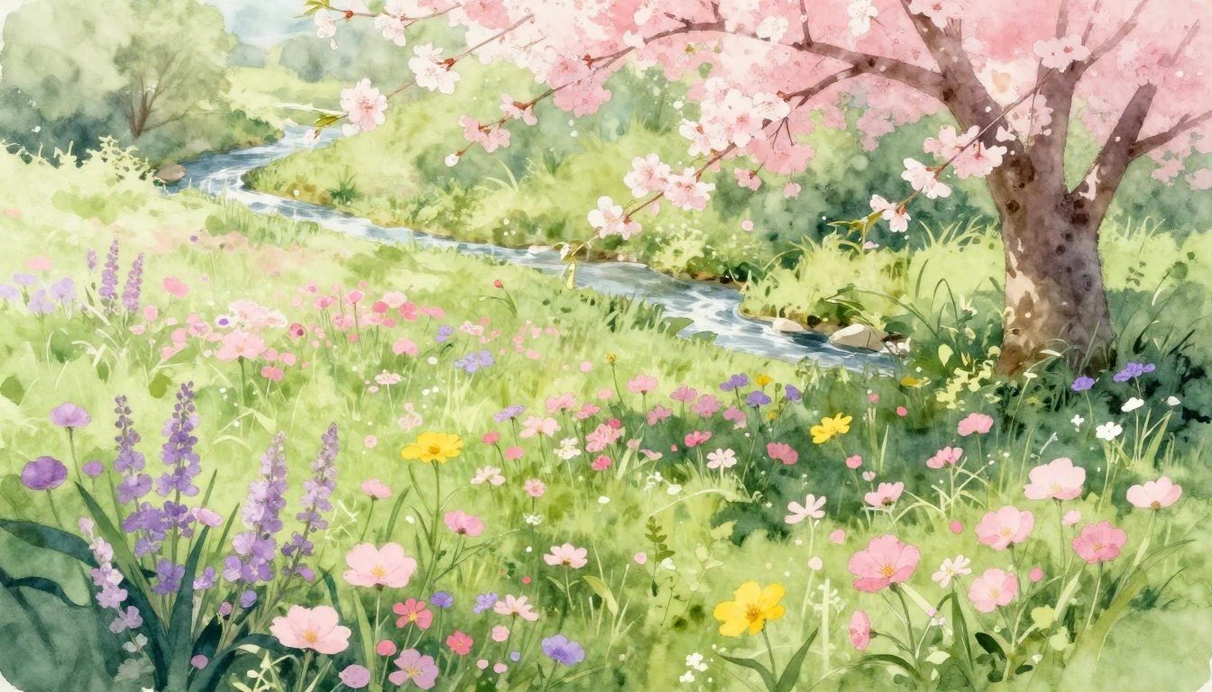 A beautiful watercolor painting of a lush spring meadow fill...