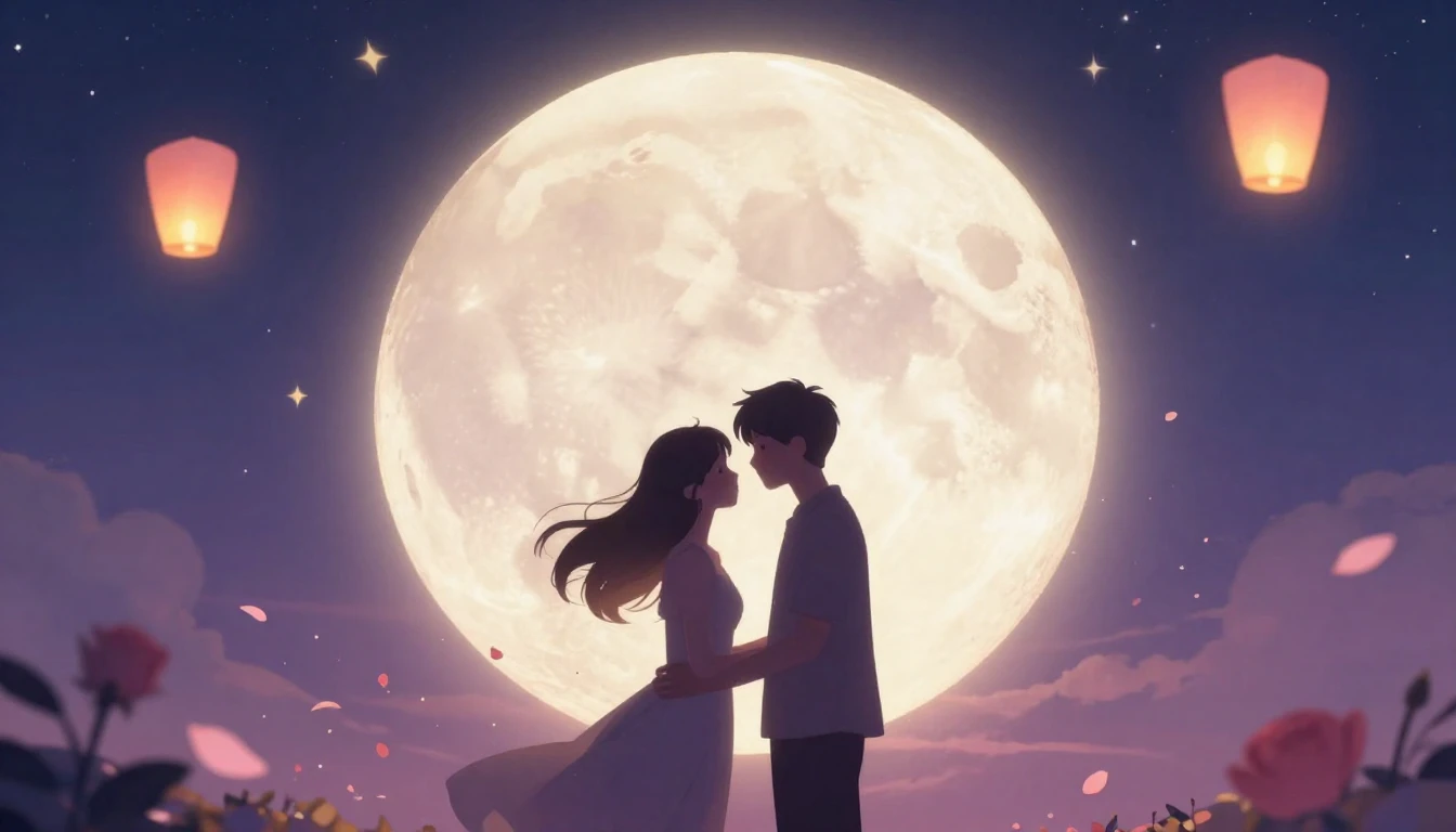 A romantic and dreamy illustration of a couple silhouetted a...