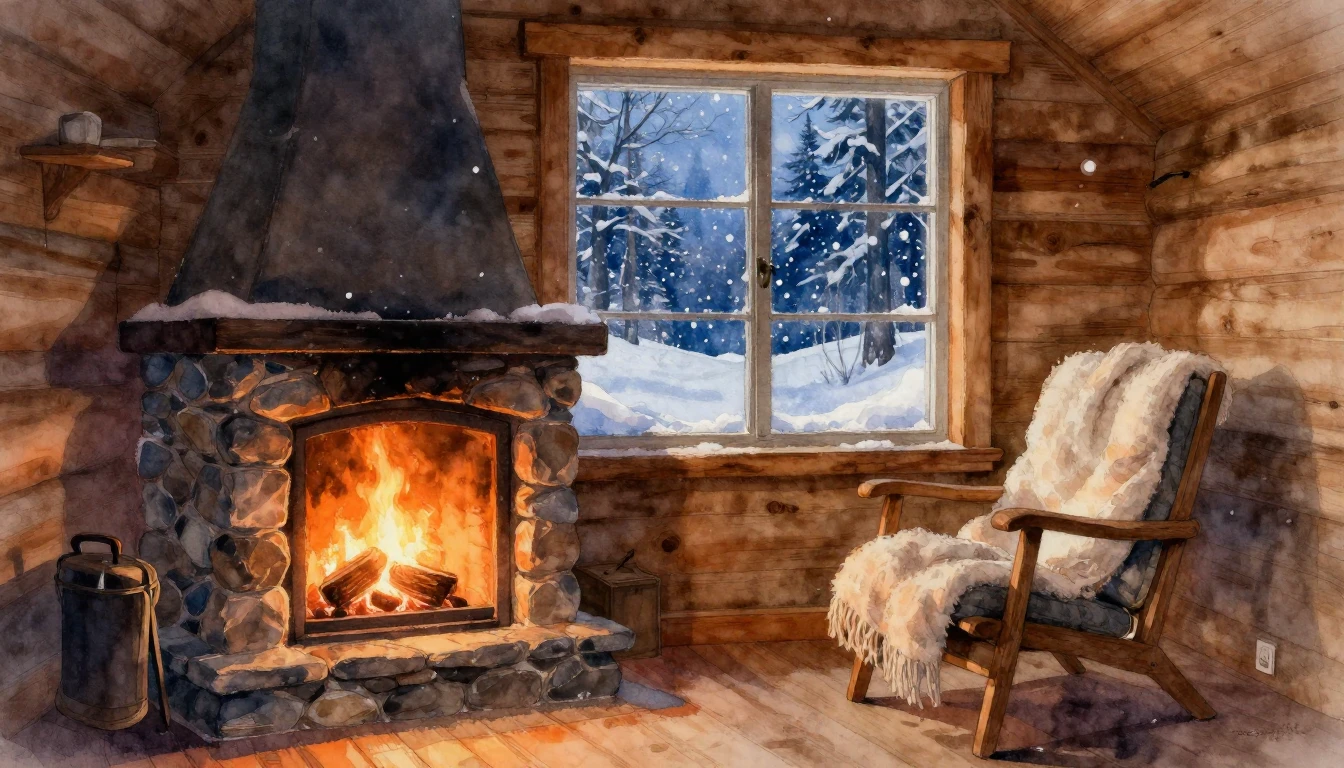 A cozy wooden cabin interior during a snowy winter evening. ...