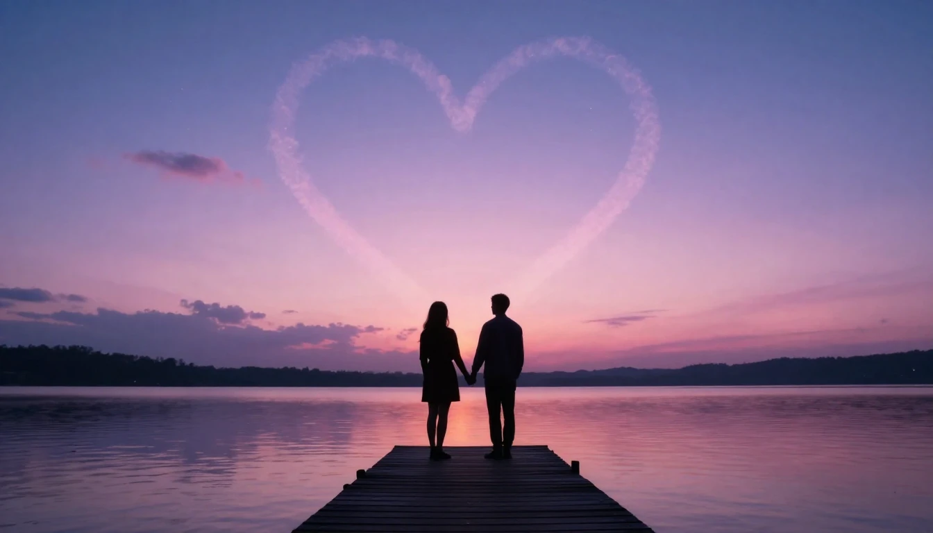 A romantic and ethereal scene depicting two silhouette figur...