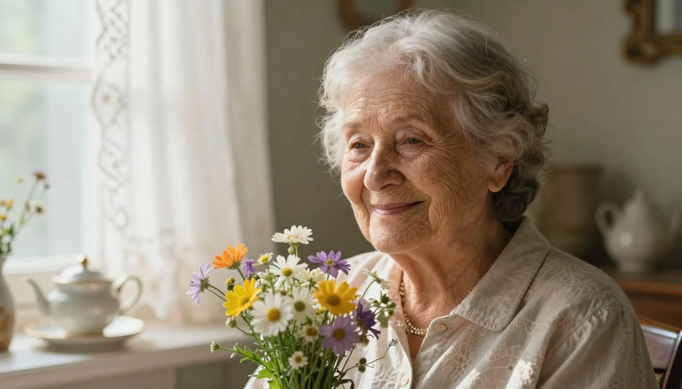 A heartwarming close-up portrait of a kind elderly grandmoth...