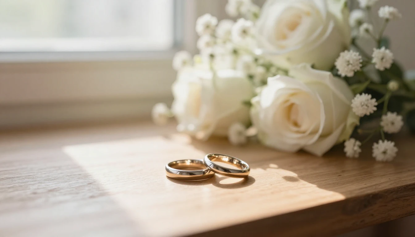 A romantic close-up of two wedding rings resting on a wooden...
