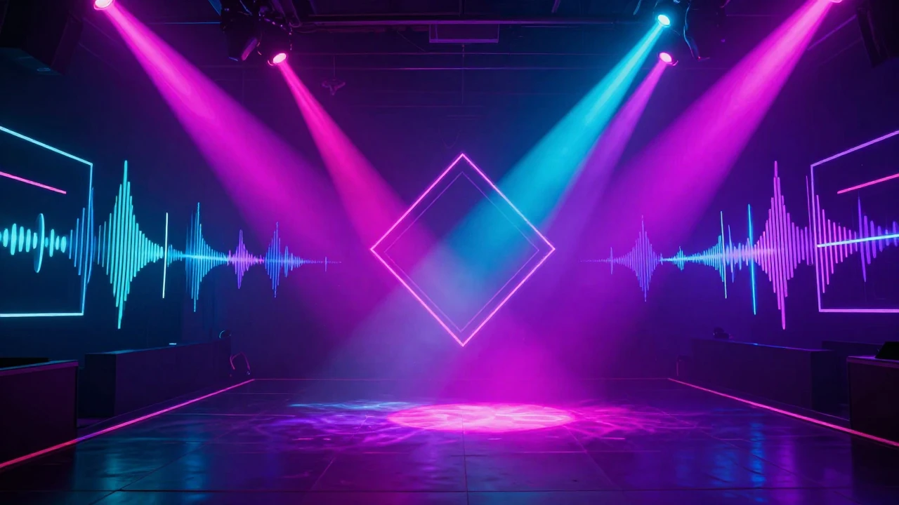 A futuristic dance floor bathed in vibrant neon lights of ma...