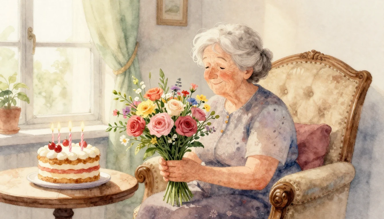 A heartwarming watercolor illustration of a kind grandmother...