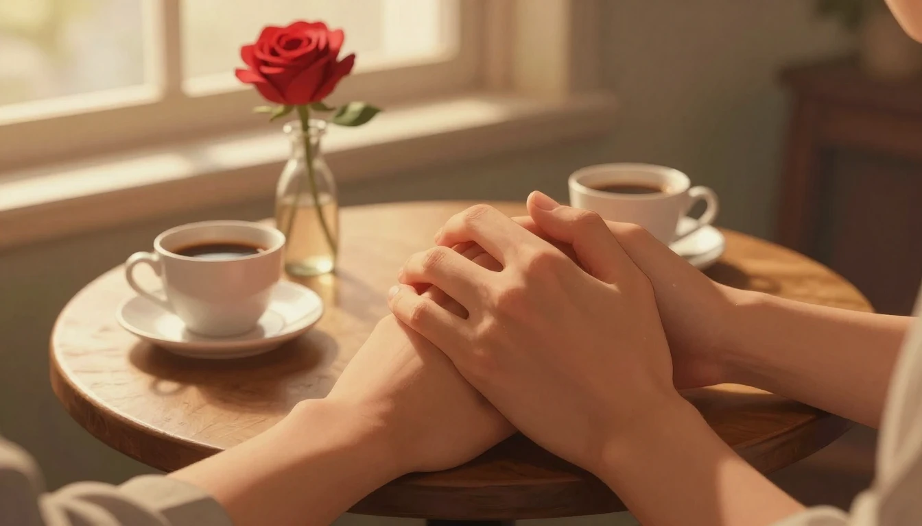 A warm and romantic close-up illustration of two hands holdi...