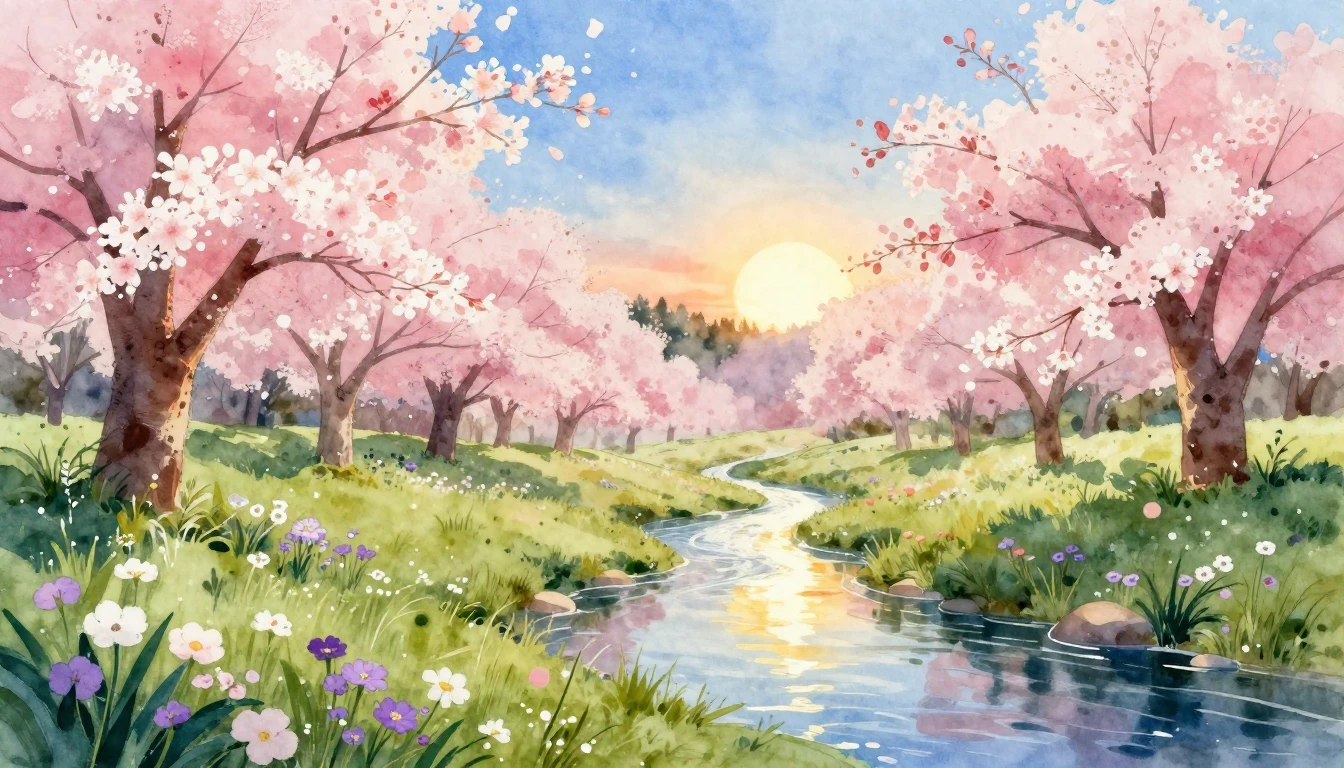 A breathtaking watercolor illustration of a vibrant spring l...