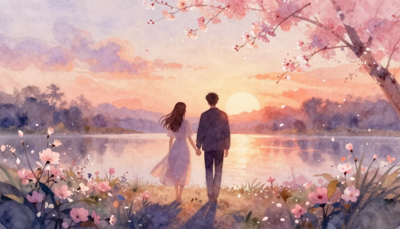 A soft watercolor painting of two silhouettes walking hand-i...