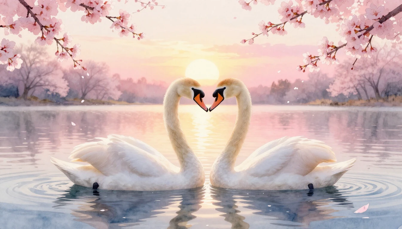 A delicate watercolor painting of two elegant swans forming ...