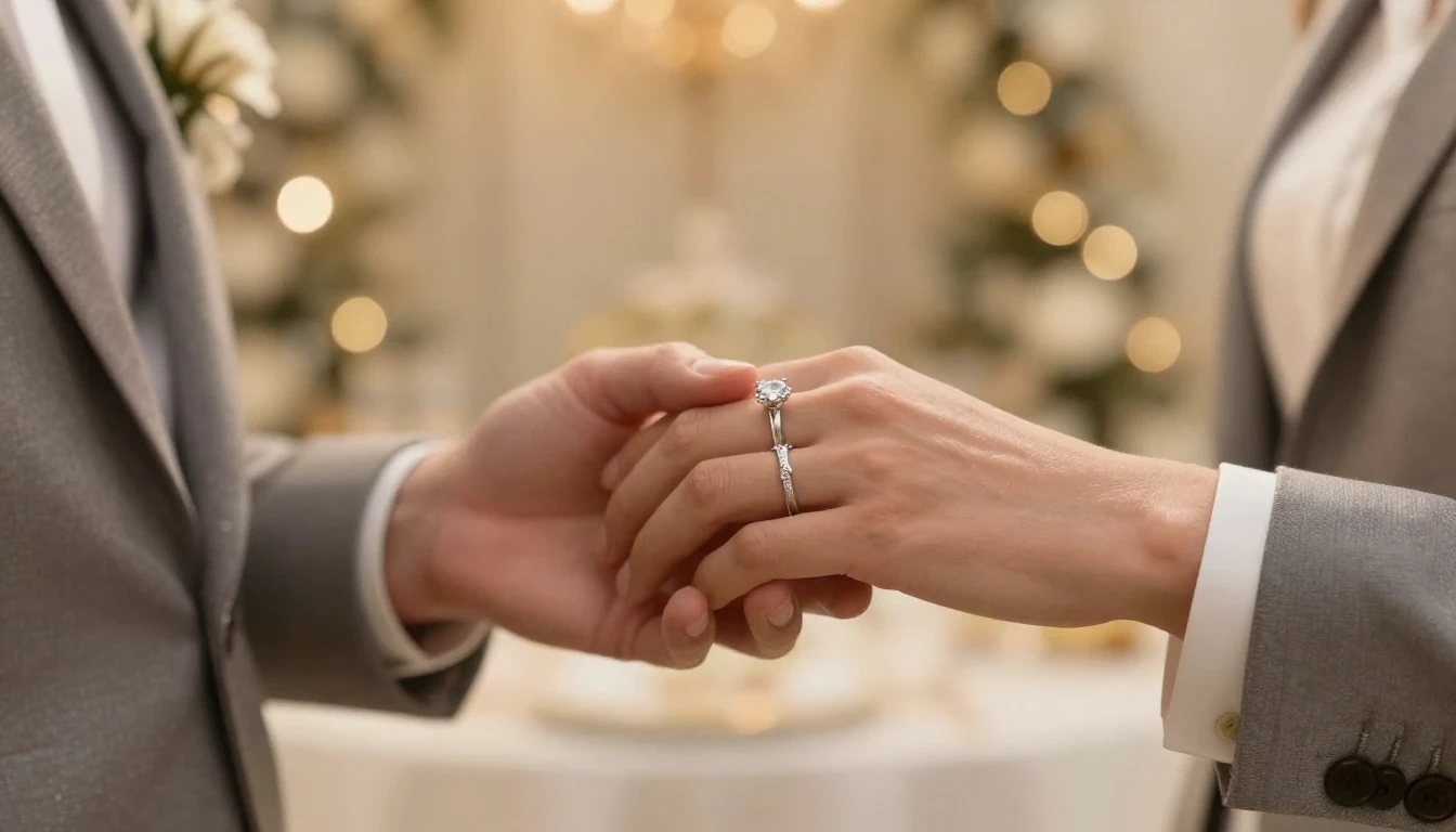 A close-up cinematic shot of a couple holding hands, focusin...