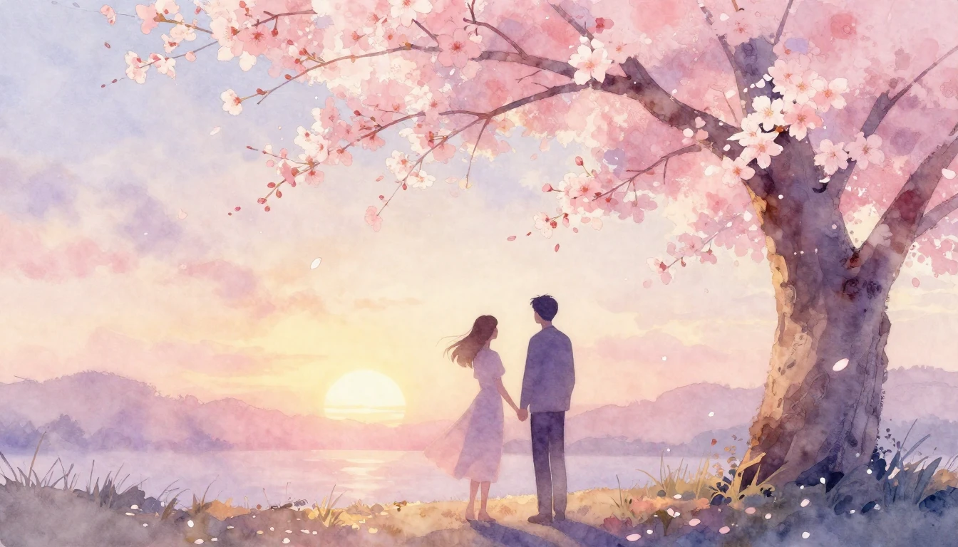 A soft and ethereal watercolor painting depicting two styliz...