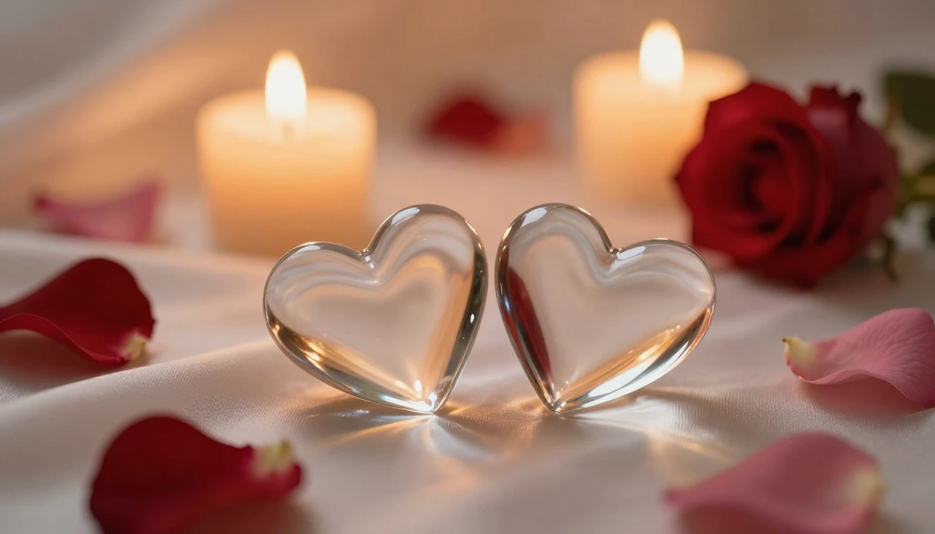 A serene and romantic scene featuring two elegant glass hear...