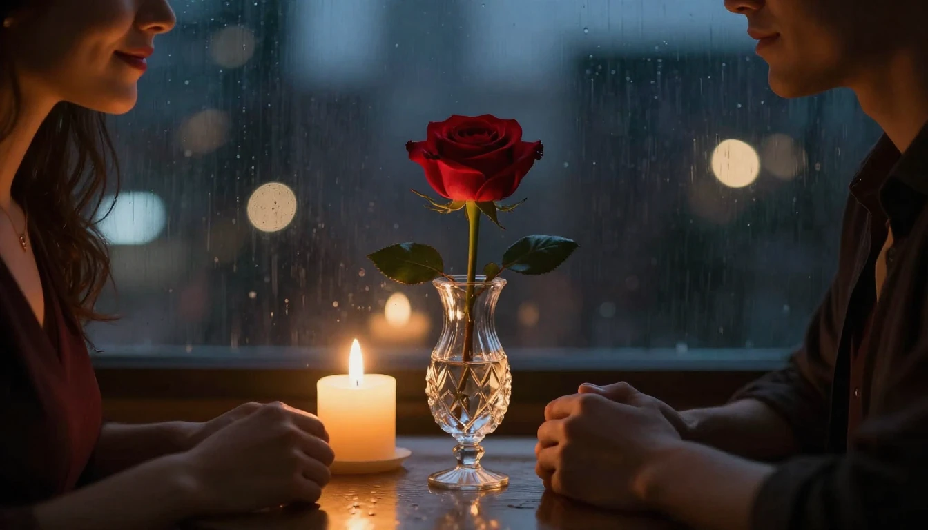 A cinematic close-up shot of a romantic evening setting, sof...