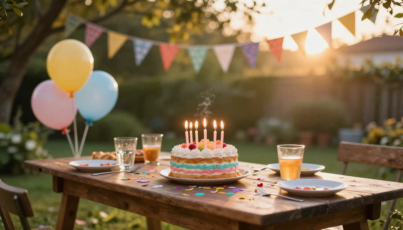 A festive and warm birthday celebration scene outdoors in a ...