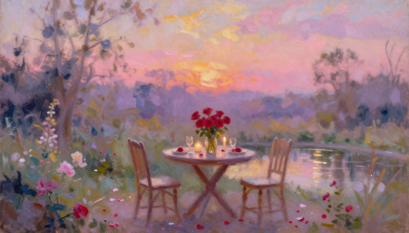 An impressionist oil painting of a serene garden at sunset. ...