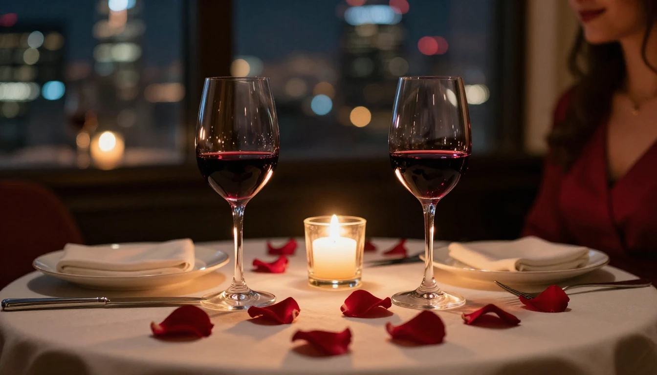 A close-up shot of a beautifully set dinner table for two in...