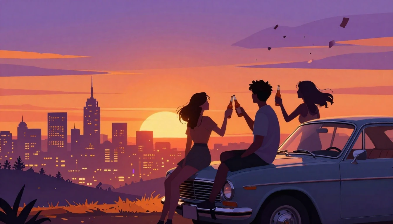 A vibrant digital illustration of two friends sitting on the...