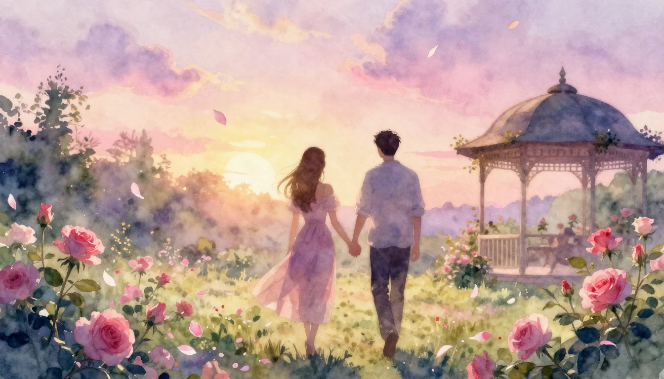 A dreamy and ethereal watercolor painting of two silhouettes...