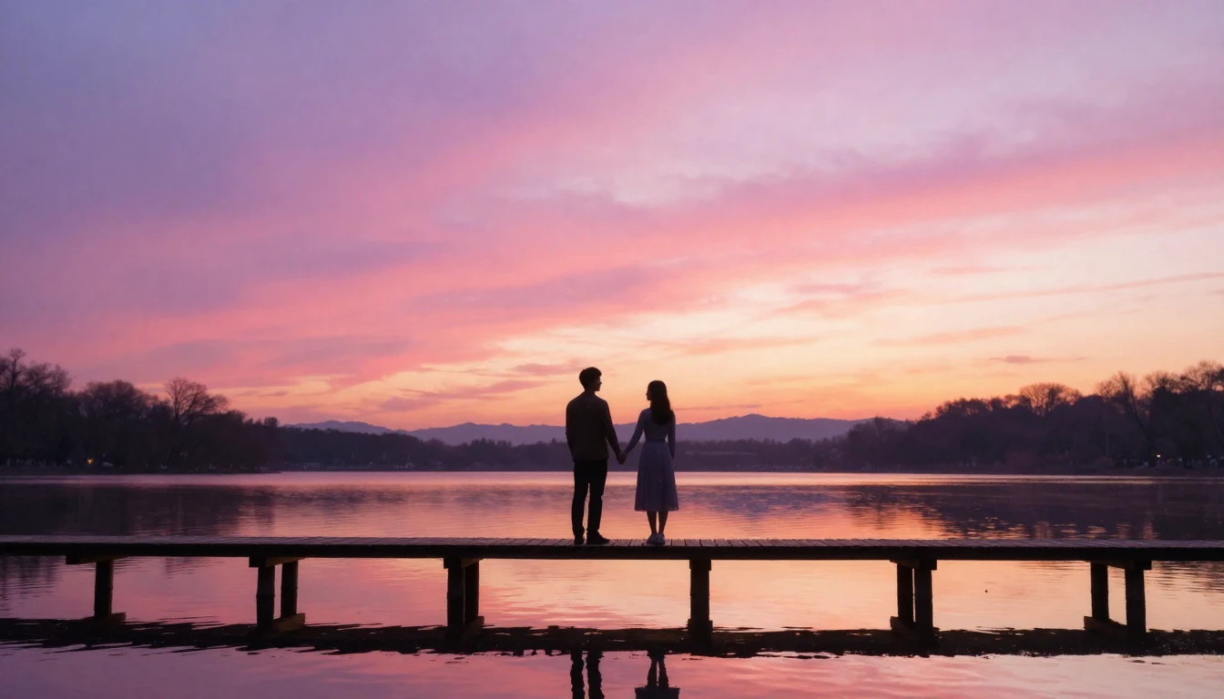 A romantic and dreamy scene featuring a silhouette of a coup...