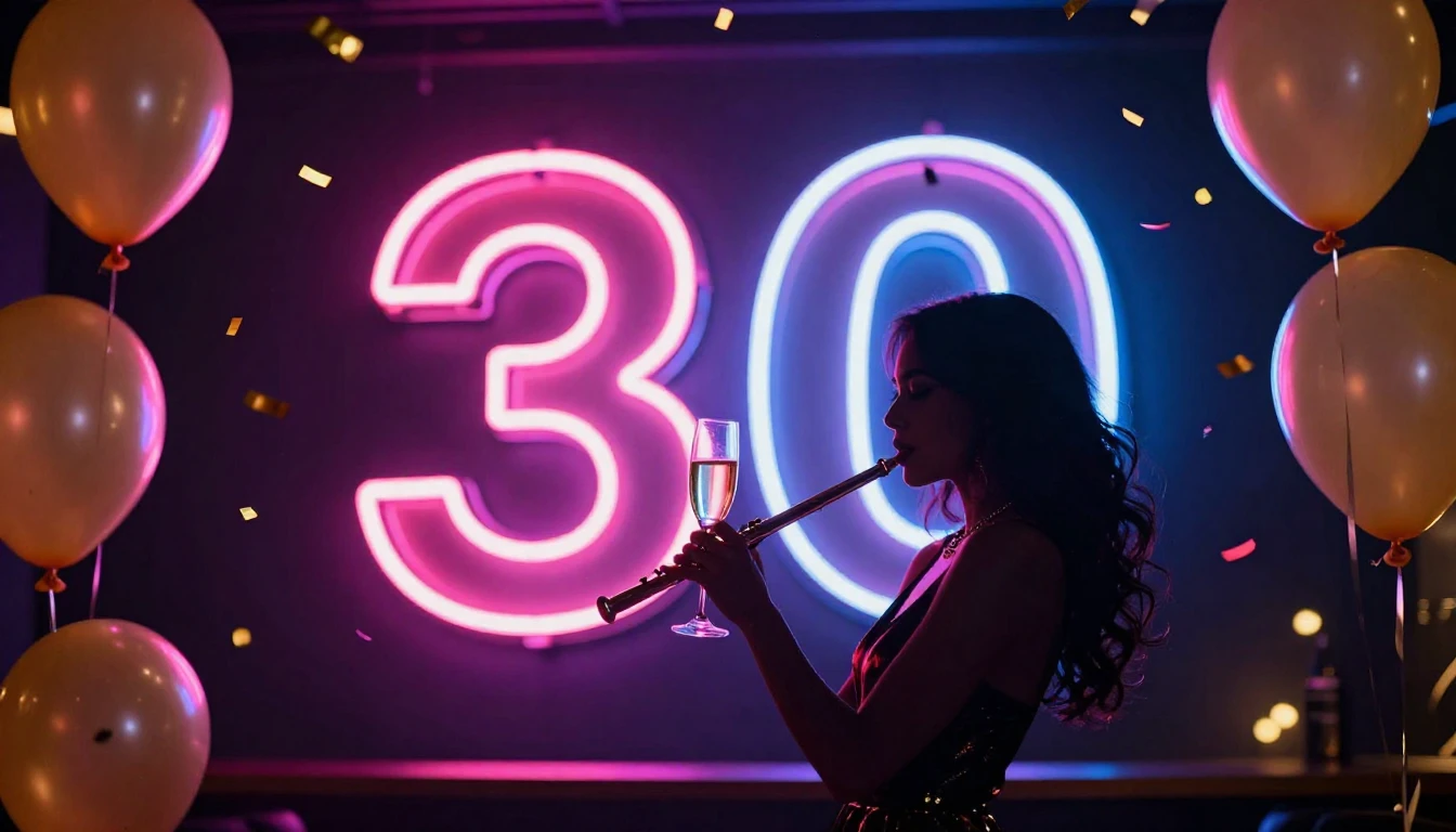 A vibrant, celebratory image featuring a glowing neon sign d...