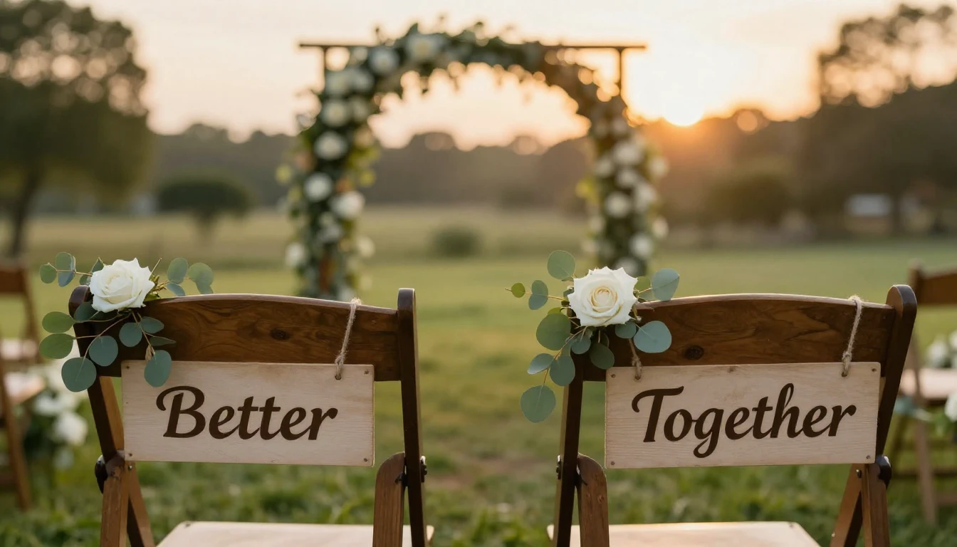 A soft and romantic scene of a rustic garden wedding ceremon...