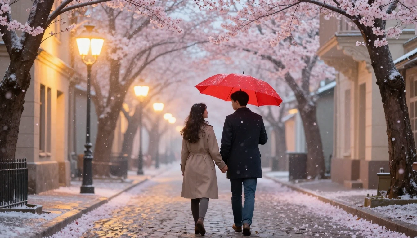 A romantic scene of a couple holding hands on a quaint cobbl...
