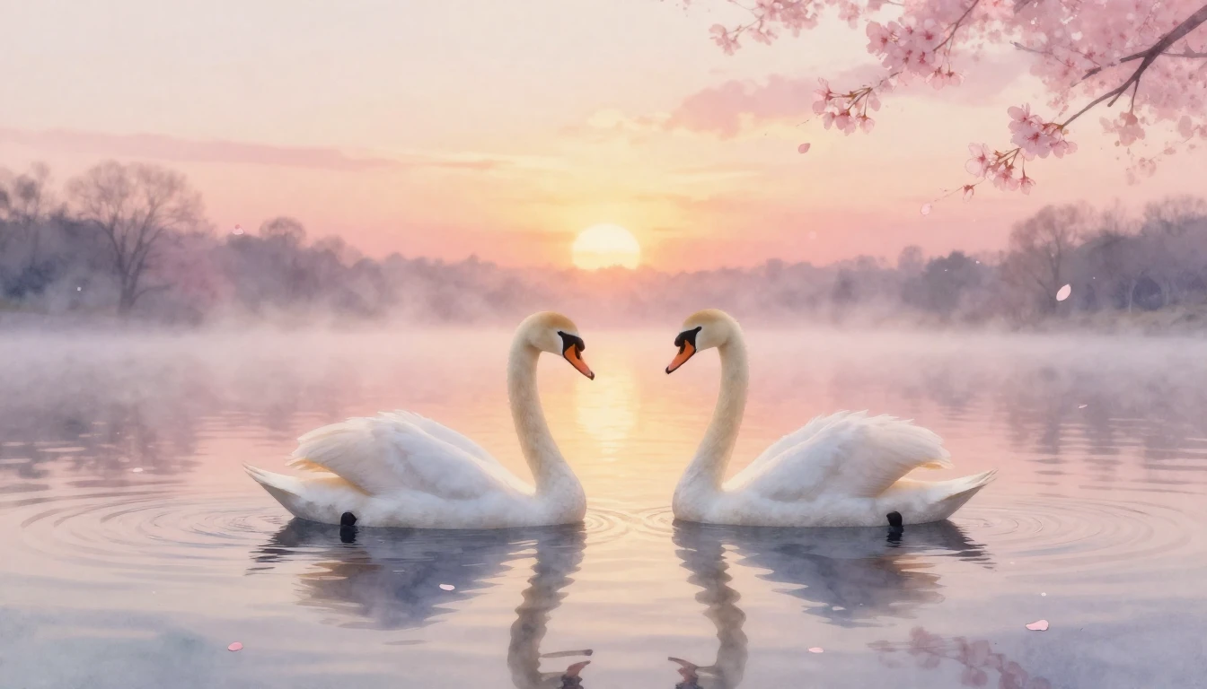 A soft watercolor painting of two elegant swans gliding on a...