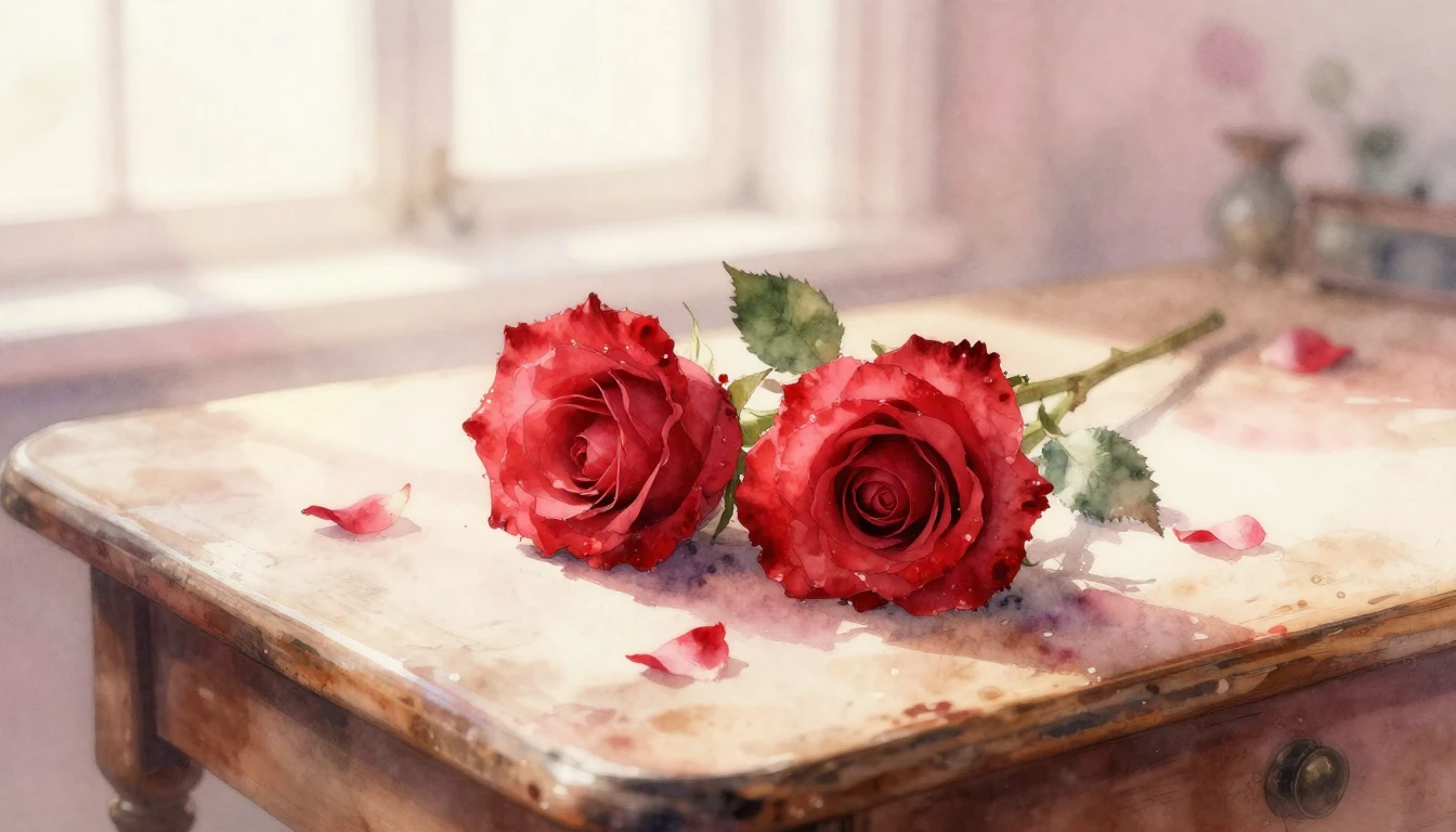 A delicate watercolor painting of two intertwined red roses ...