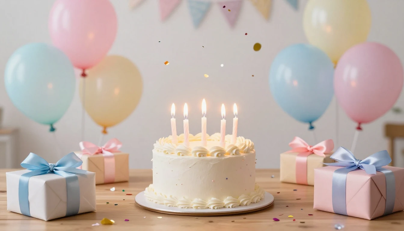 A cute and magical birthday cake with glowing candles on a w...