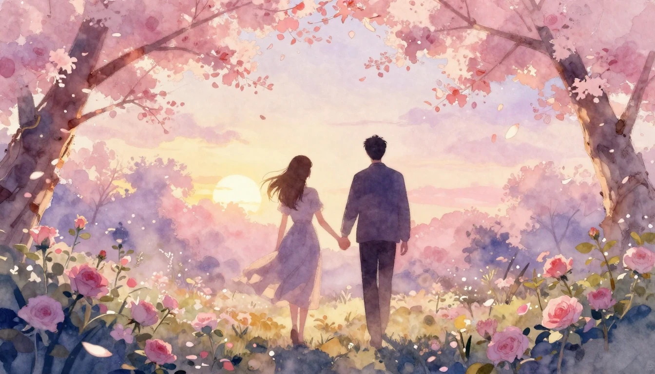 A dreamy watercolor painting of two silhouettes walking hand...