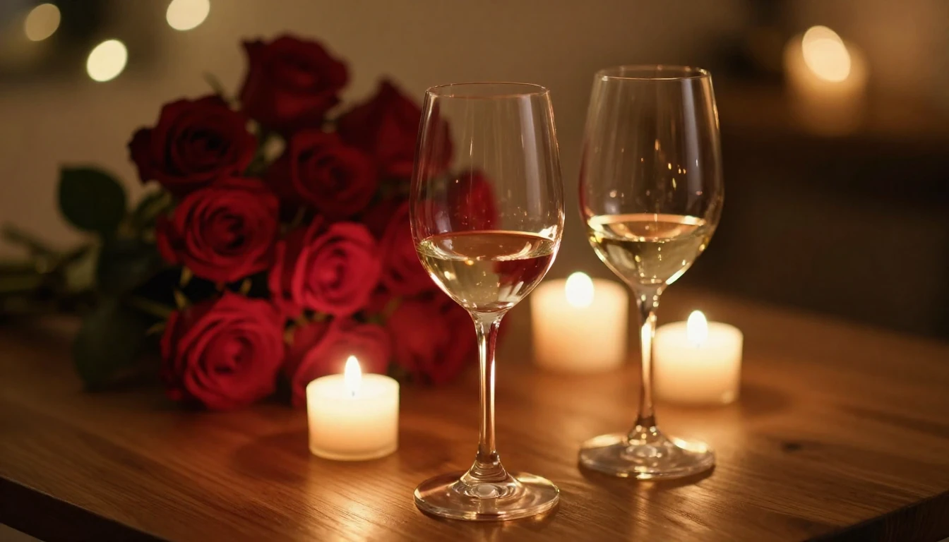 A close-up shot of two elegant wine glasses on a wooden tabl...