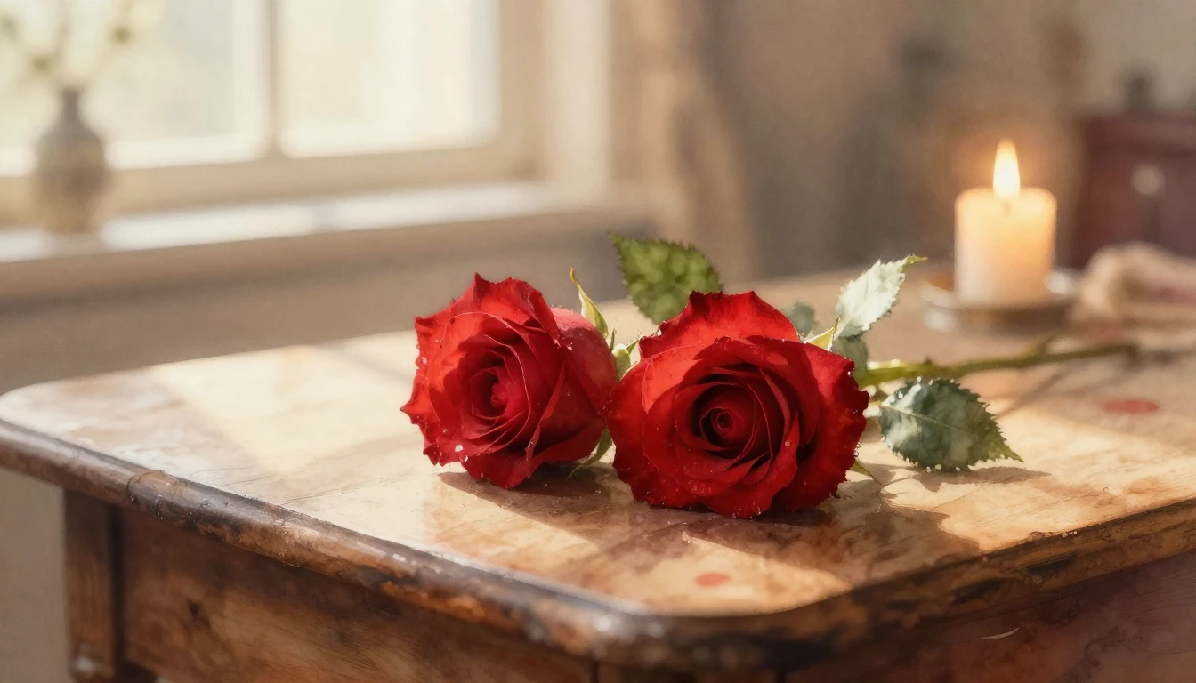 A delicate watercolor painting of two intertwined red roses ...
