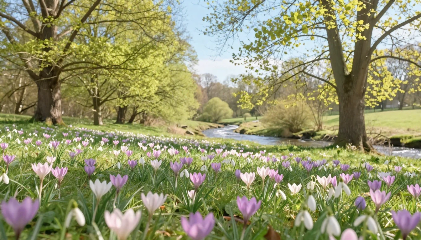 A serene spring landscape featuring a meadow filled with blo...