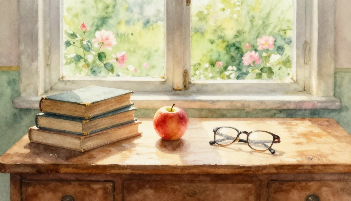 A beautiful watercolor painting of an old wooden desk bathed...