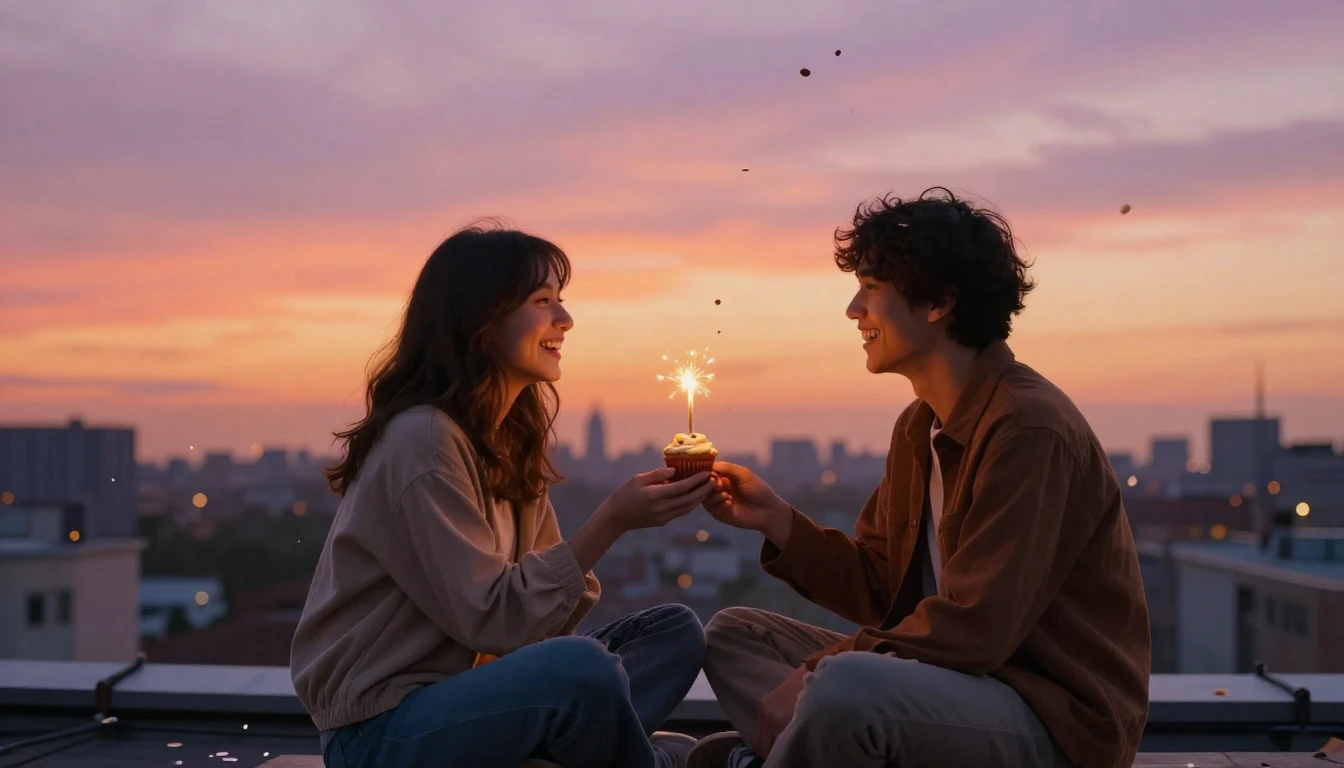Two best friends sitting side by side on a rooftop at golden...