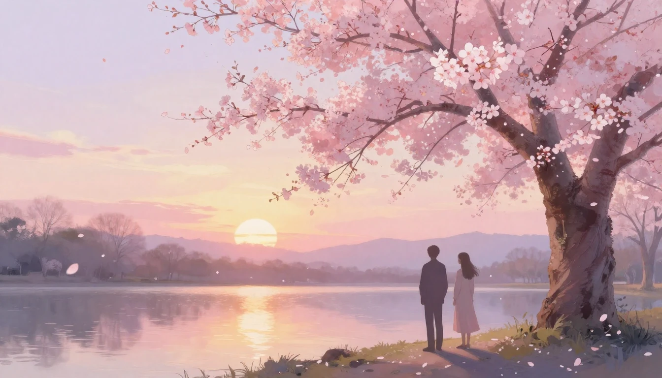 A dreamy and ethereal scene of two silhouettes standing unde...