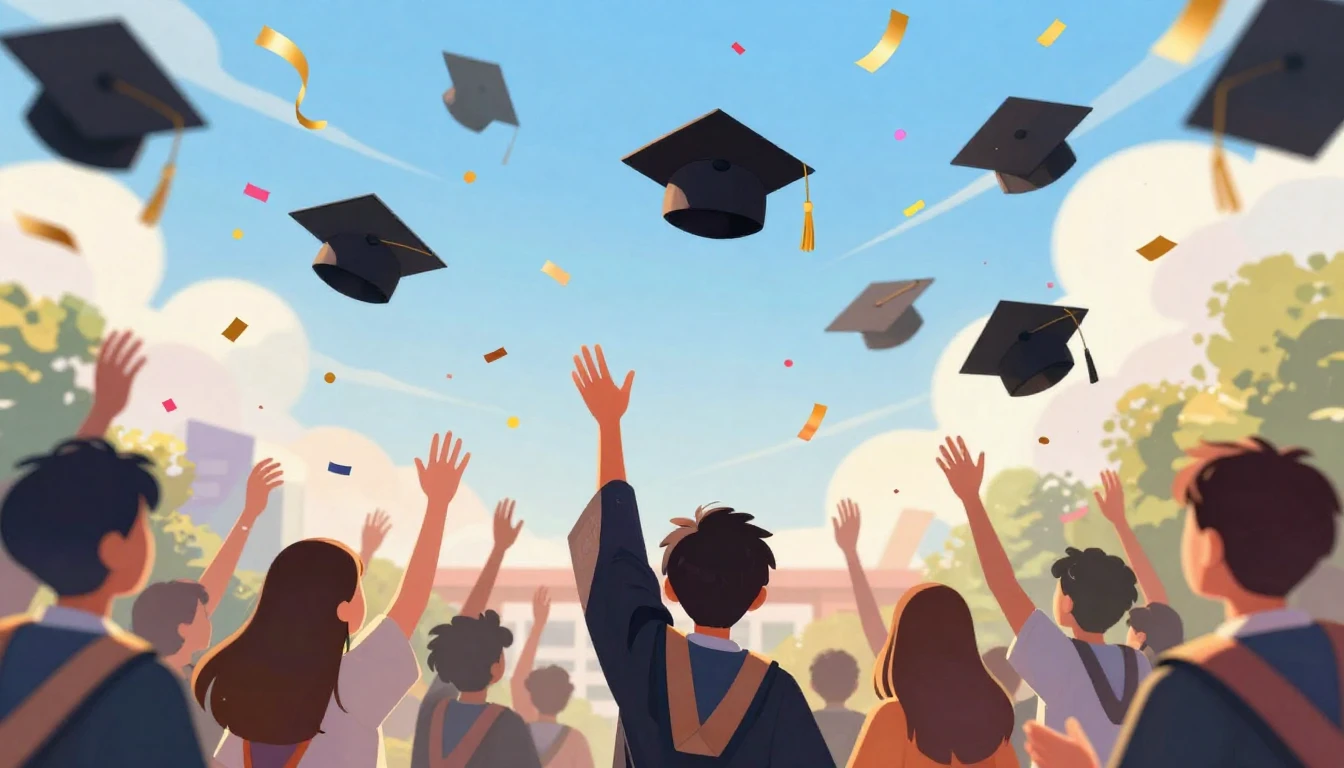 A vibrant and joyful illustration of a graduation ceremony. ...
