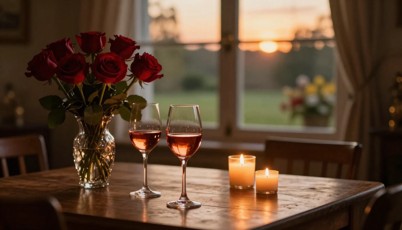 A cozy, dimly lit room during a golden sunset. On a wooden t...