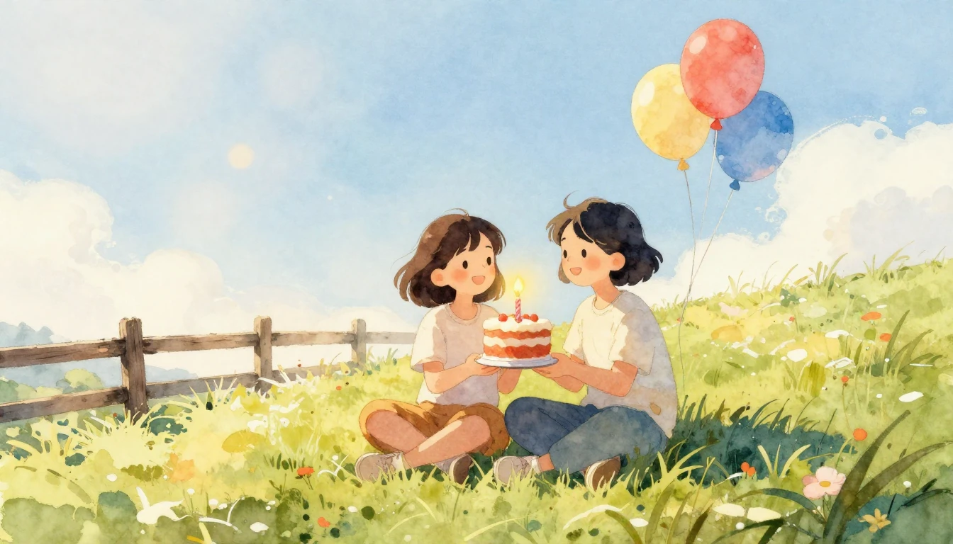A warm watercolor painting of two friends sitting on a grass...