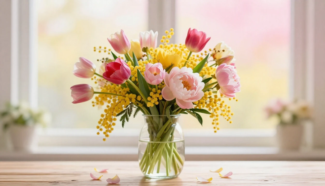 A beautiful and vibrant bouquet of spring flowers, including...