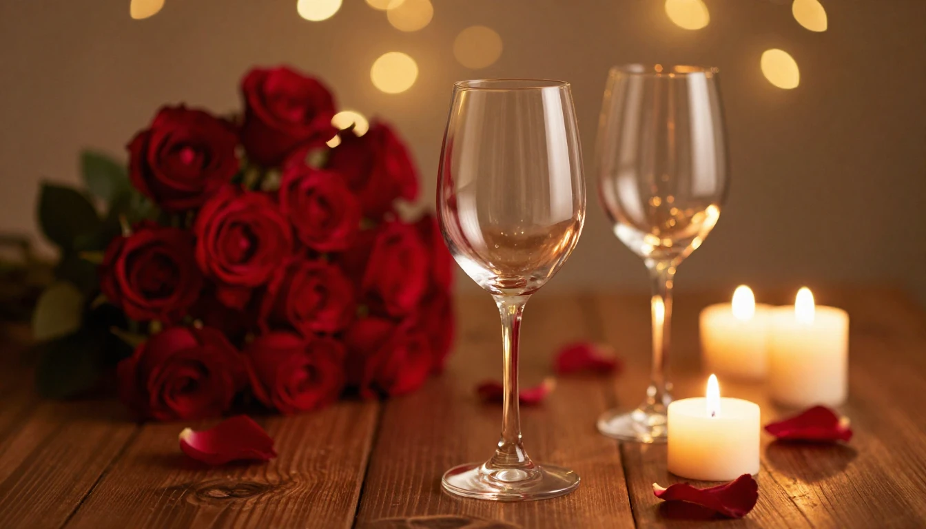 A beautiful and serene scene of two elegant wine glasses sit...