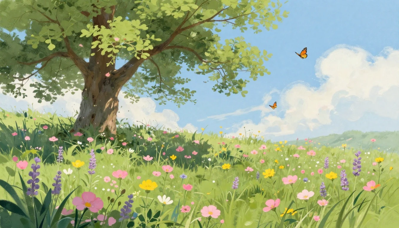 A lush meadow filled with blooming wildflowers in shades of ...