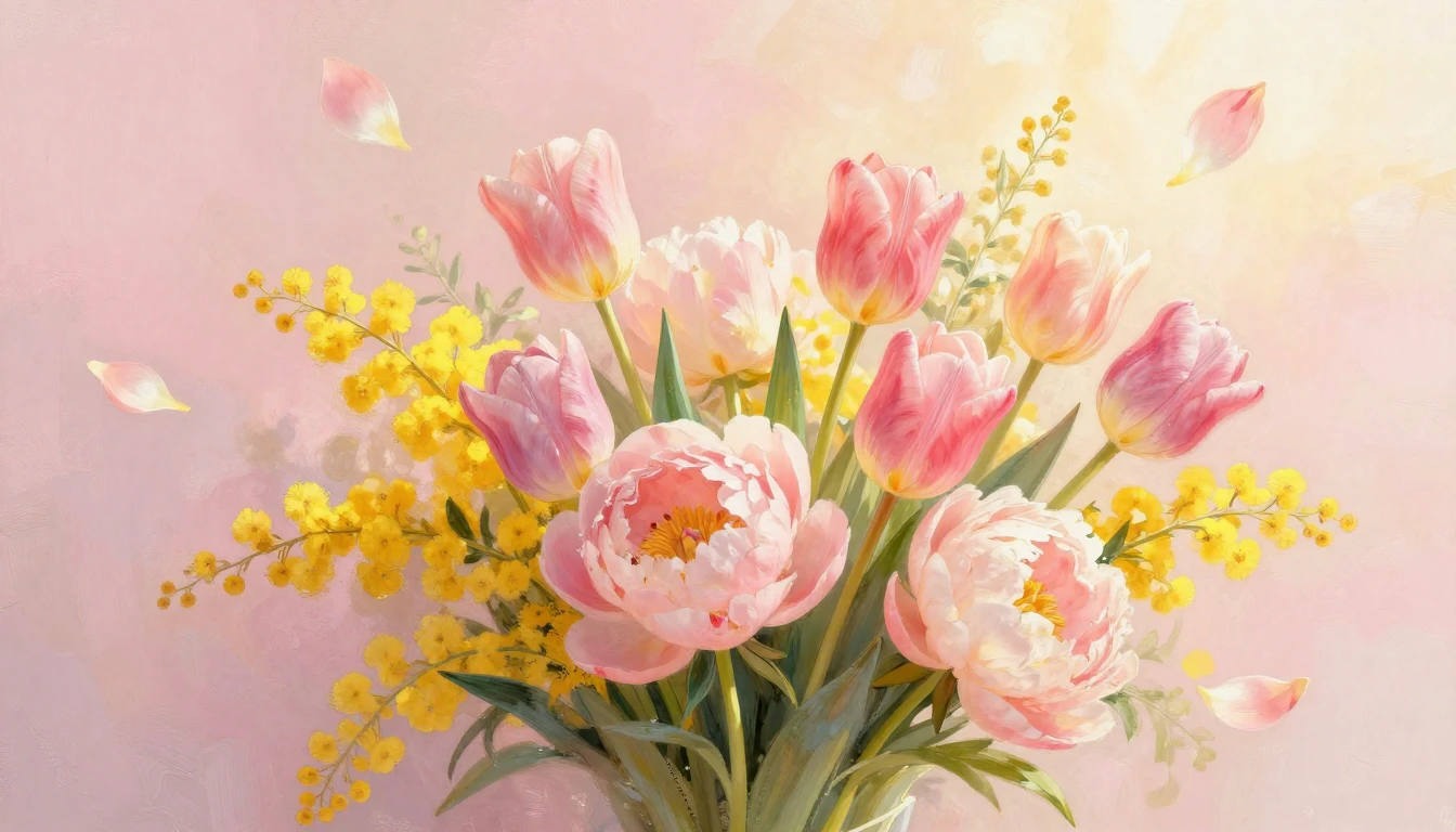 A vibrant bouquet of spring flowers including tulips, mimosa...