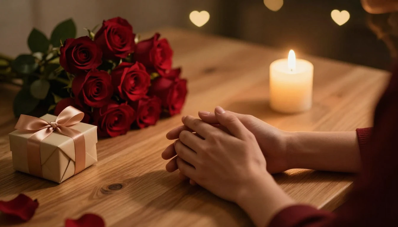 A romantic and intimate scene featuring a cozy wooden table ...