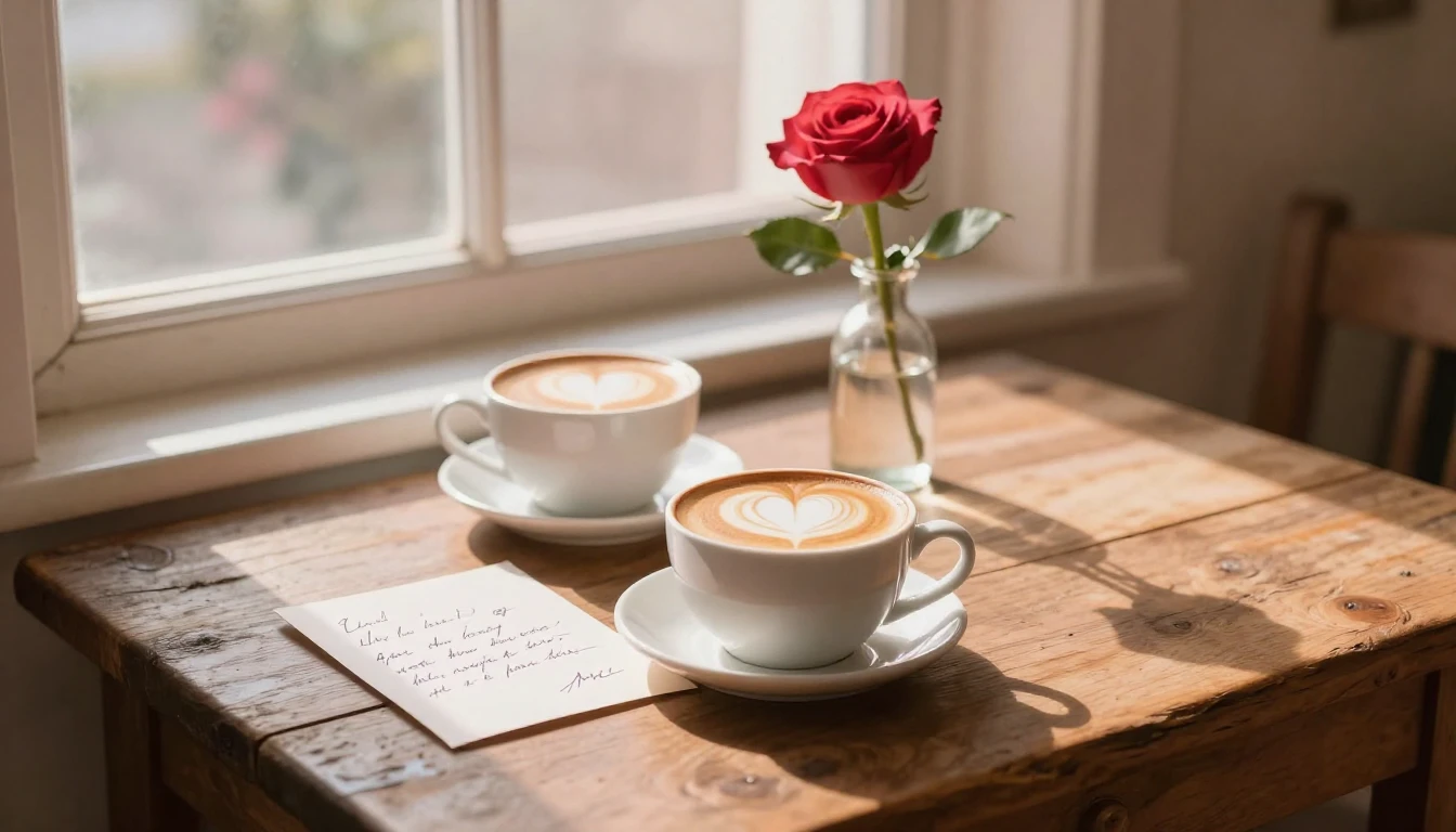 A romantic and cozy still life composition on a rustic woode...