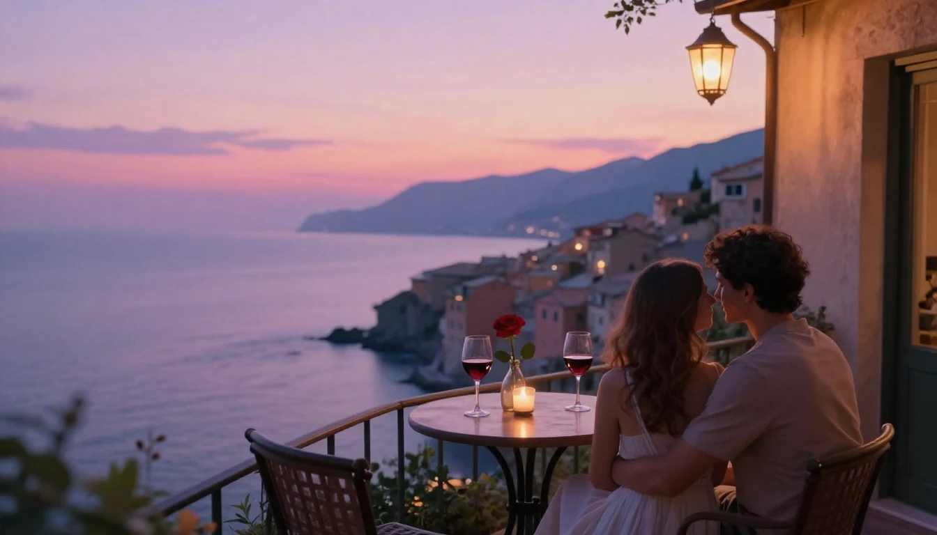 A romantic scene of a couple sitting on a small balcony over...