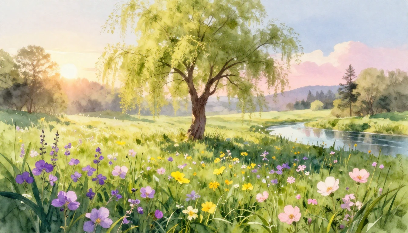 A beautiful watercolor painting of a lush, vibrant meadow at...