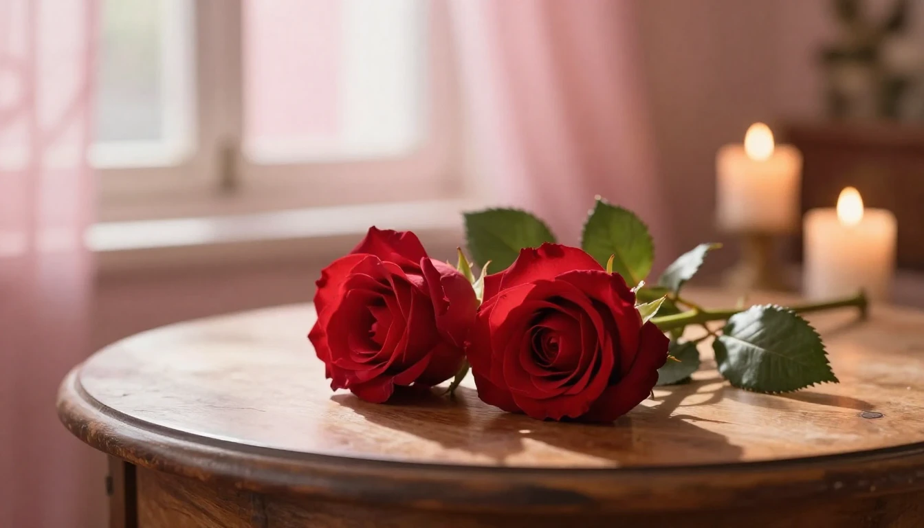 A beautiful and delicate scene featuring two intertwined red...