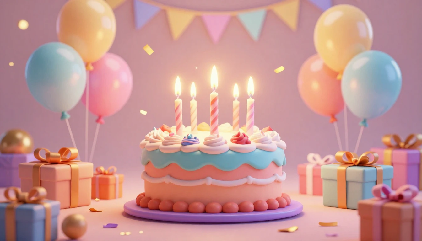A vibrant and adorable 3D animated style scene of a birthday...