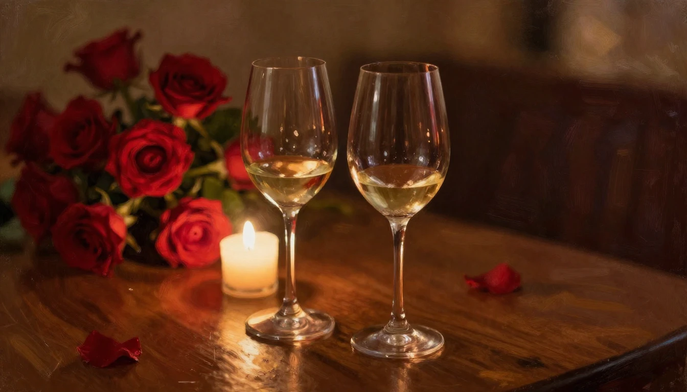 A warm and romantic scene featuring two elegant wine glasses...