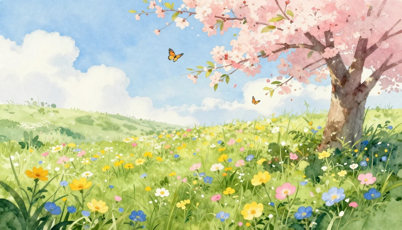 A vibrant watercolor painting of a lush green meadow filled ...